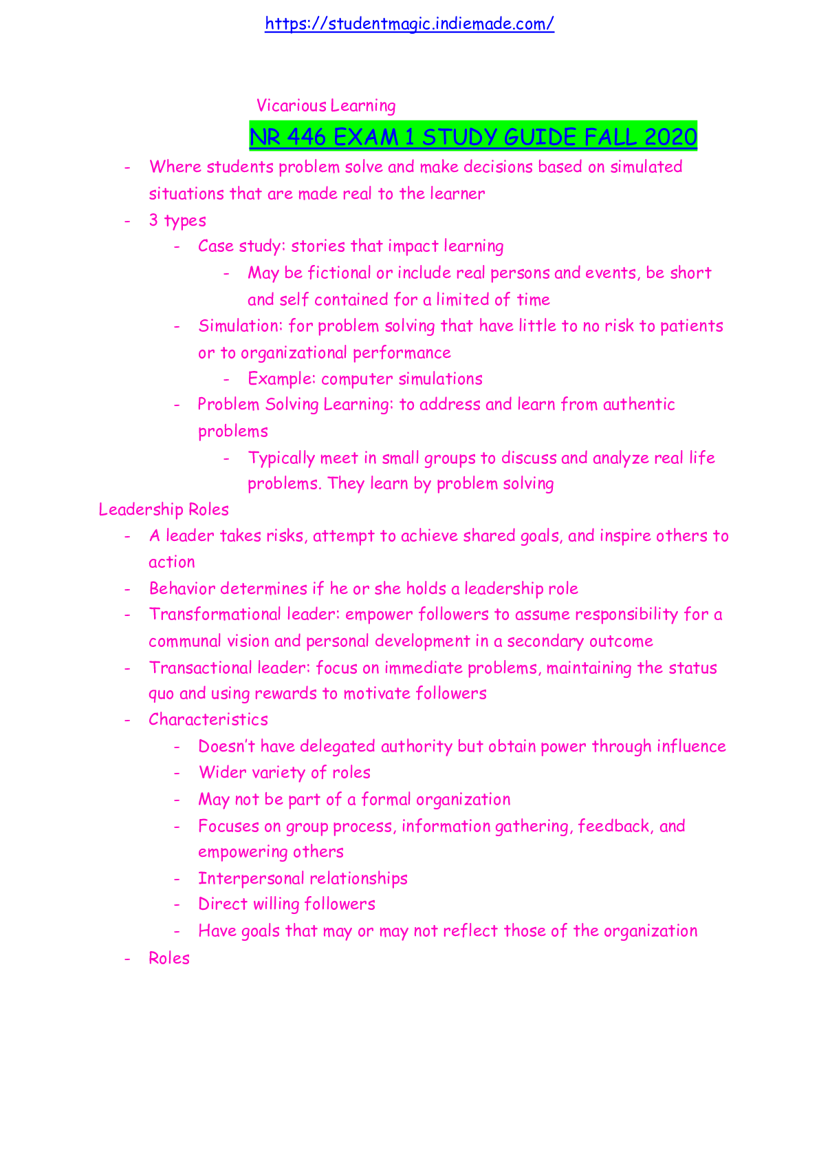 Preview image of NR 446 EXAM 1 STUDY GUIDE FALL 2020 document